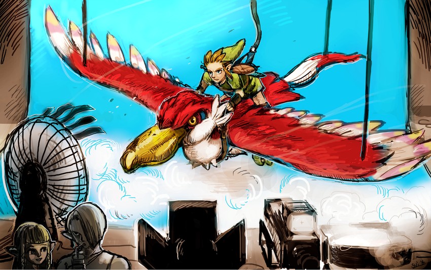 link, princess zelda, ghirahim, and loftwing (the legend of zelda and 1 more) drawn by yumeshima_sui