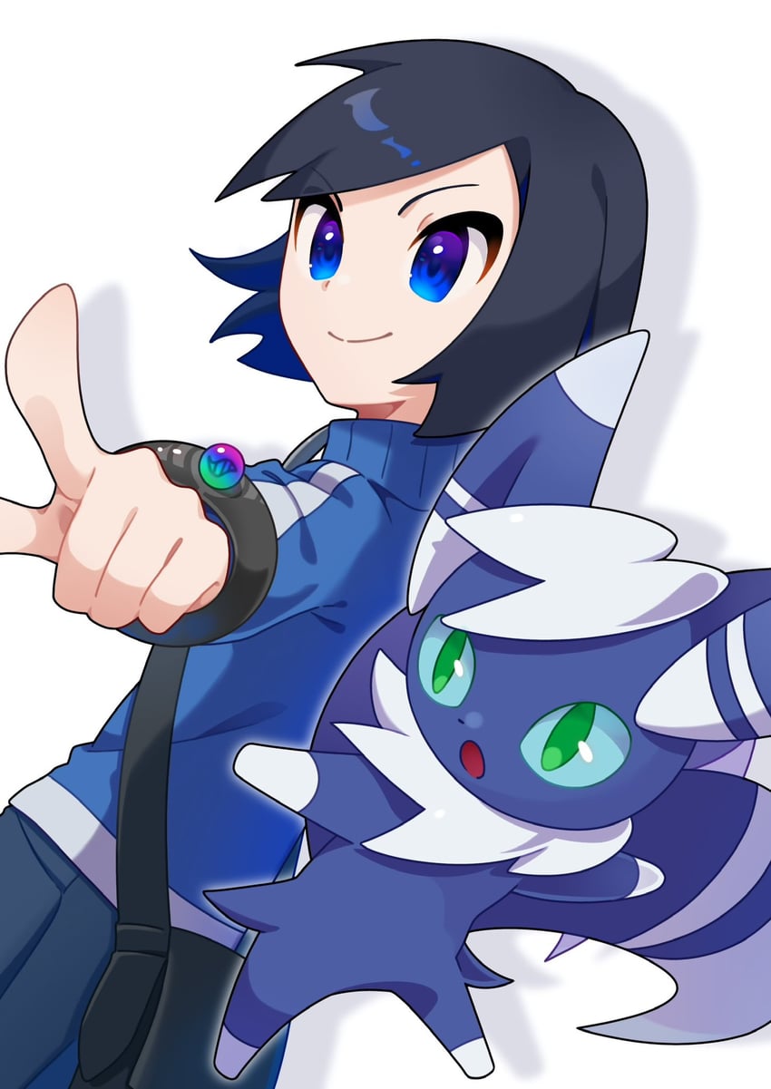 calem and meowstic (pokemon and 1 more) drawn by omochi_(omotimotittona3)