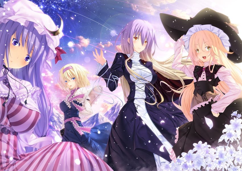 kirisame marisa, alice margatroid, patchouli knowledge, and hijiri byakuren (touhou) drawn by ayatudura
