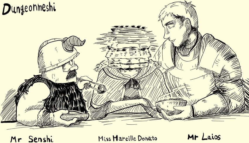 marcille donato, laios touden, and senshi (dungeon meshi and 1 more) drawn by oniki7876