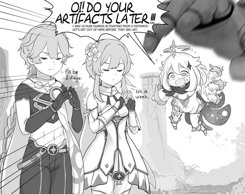 lumine, aether, paimon, and ruin guard (genshin impact) drawn by alph_(sancheck)