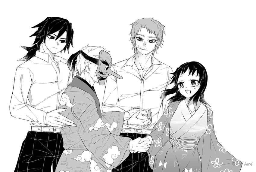 tomioka giyuu, sabito, makomo, and urokodaki sakonji (kimetsu no yaiba) drawn by kmt_amei