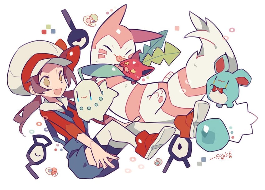 lyra, chikorita, furret, hoppip, unown, and 4 more (pokemon and 1 more) drawn by auko