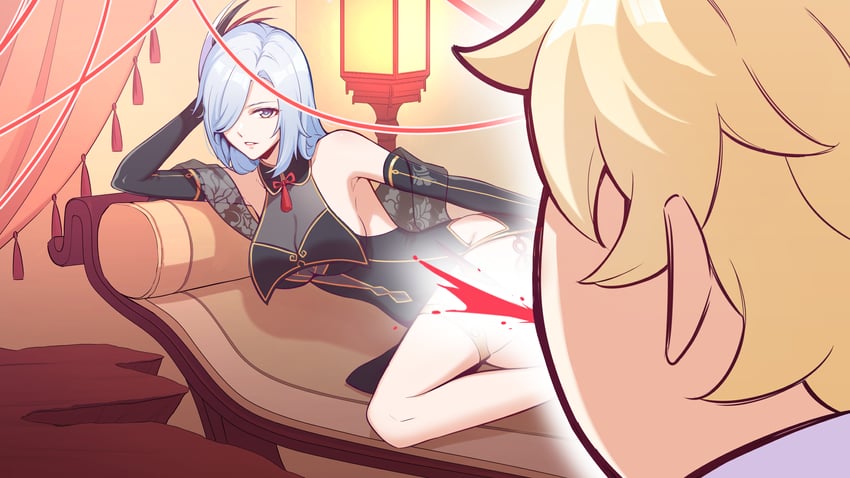 aether and shenhe (genshin impact) drawn by yoru_sei