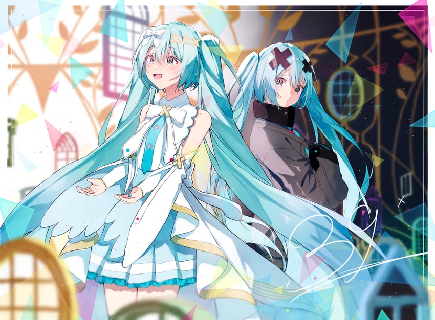 hatsune miku, batsu miku, and hiramado miku (vocaloid and 2 more) drawn by kuten_1111