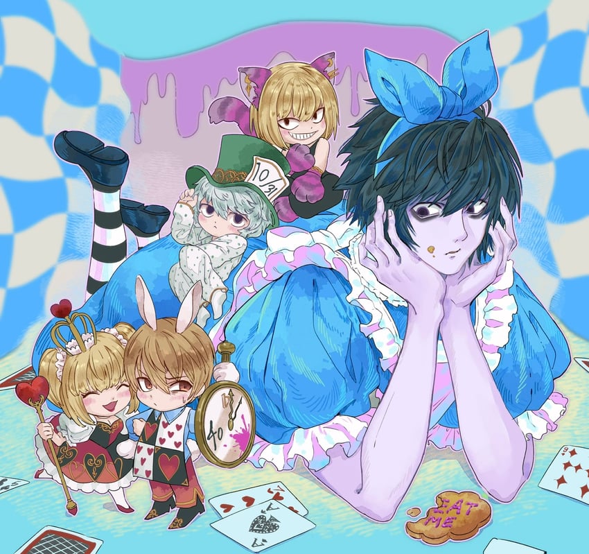 alice, white rabbit, yagami light, l, cheshire cat, and 5 more (alice's adventures in wonderland and 1 more) drawn by sinjugatami