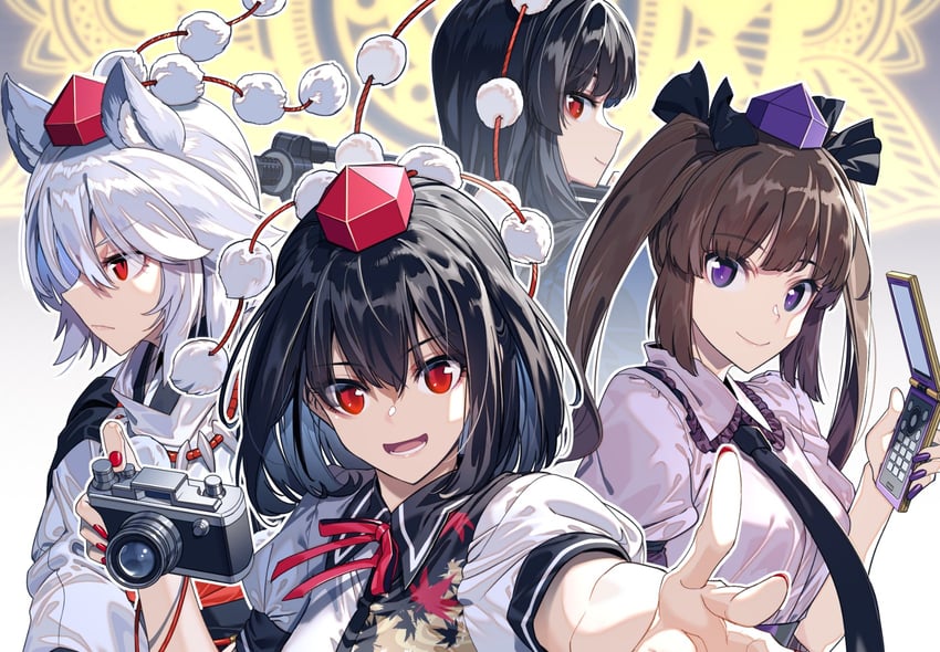 shameimaru aya, inubashiri momiji, himekaidou hatate, and iizunamaru megumu (touhou) drawn by zounose