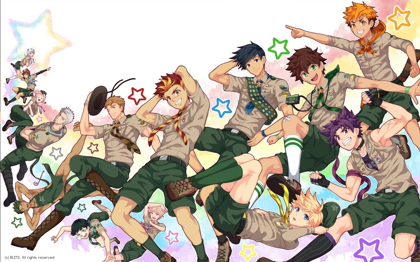 nagira yoshinori, goro nomoru, yukimura yoichi, nagame keitaro, hamasaki natsumi, and 6 more (camp buddy) drawn by mikkoukun