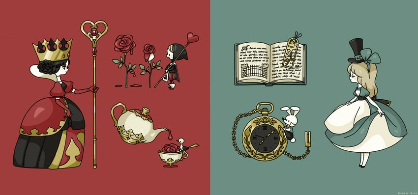 alice, white rabbit, and queen of hearts (alice's adventures in wonderland) drawn by pettyraps