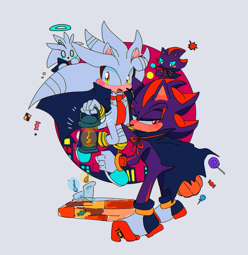 shadow the hedgehog, silver the hedgehog, dark chao, shadow chao, and hero chao (sonic) drawn by logosan