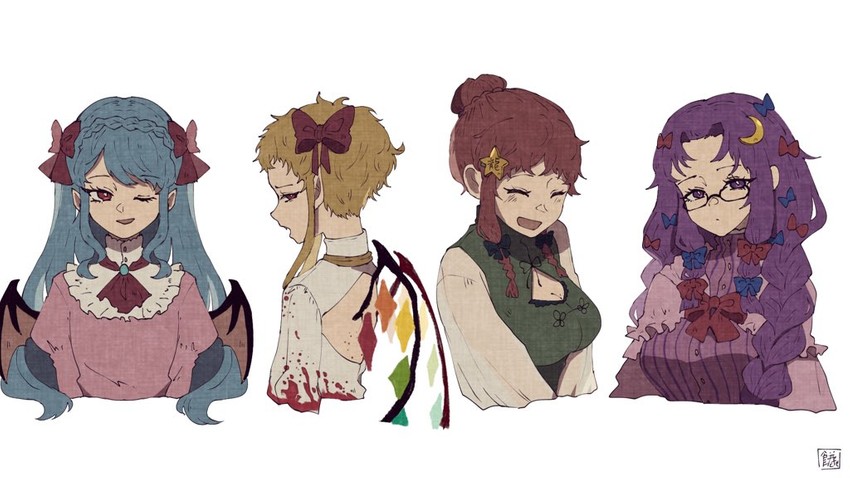 remilia scarlet, flandre scarlet, patchouli knowledge, and hong meiling (touhou) drawn by sokura_(mochichitose)