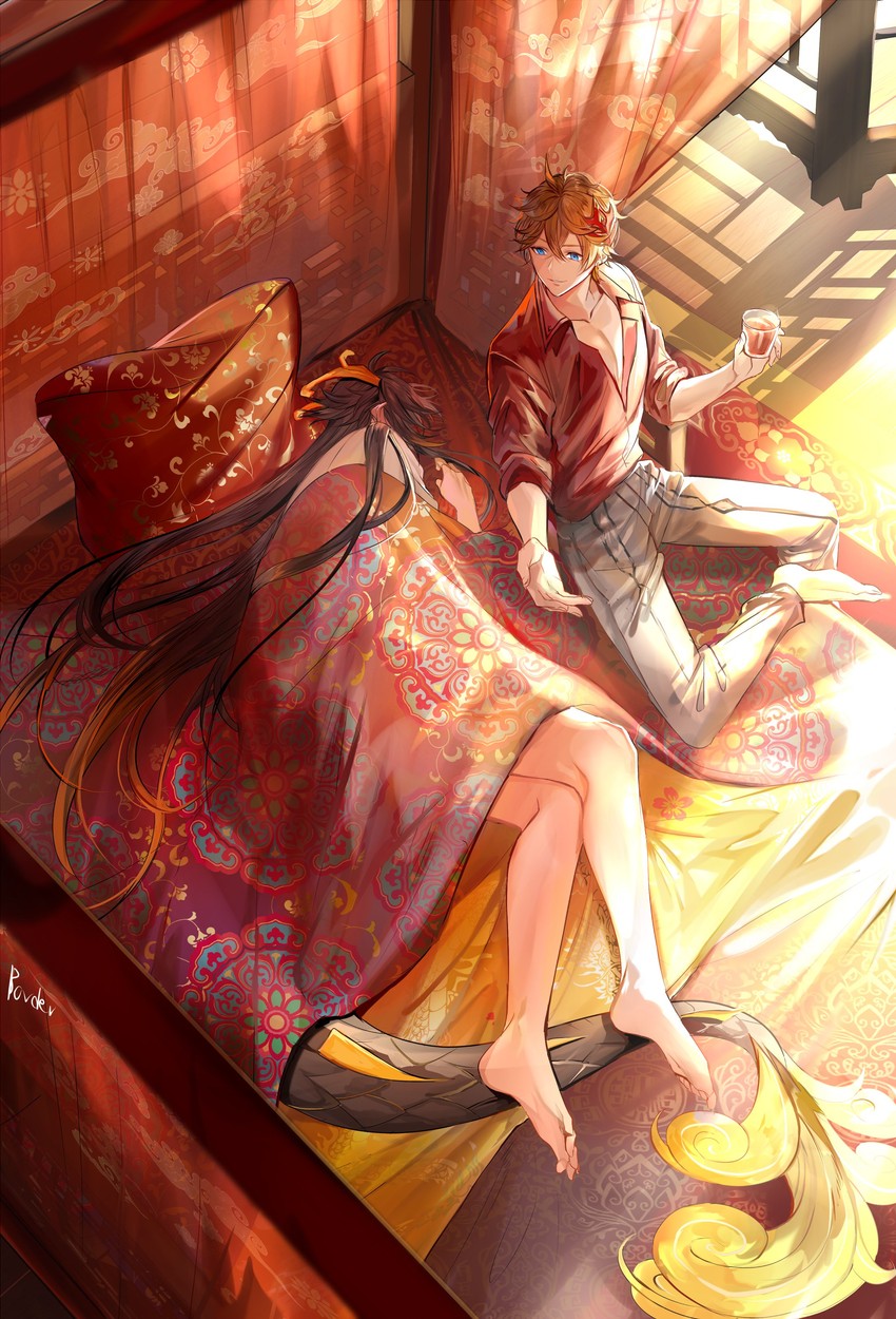 zhongli and tartaglia (genshin impact) drawn by border0715