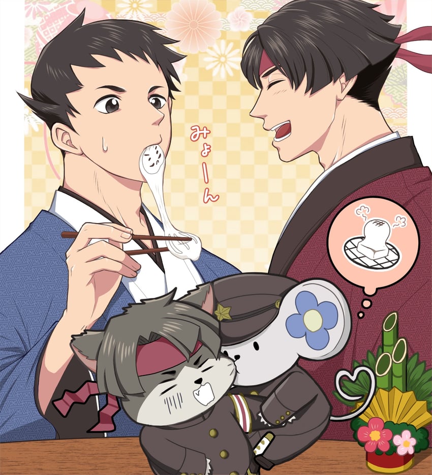 ryunosuke naruhodo, kazuma asogi, chuunosuke, and nyasogi (ace attorney and 1 more) drawn by marudgs