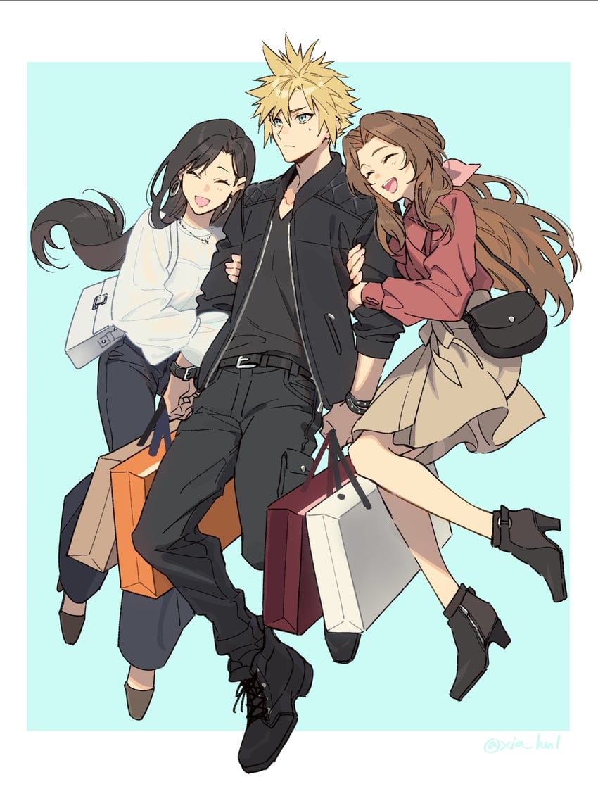 tifa lockhart, cloud strife, and aerith gainsborough (final fantasy and 2 more) drawn by xia_(ryugo)