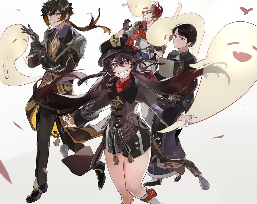 hu tao, zhongli, tartaglia, boo tao, and ferrylady (genshin impact) drawn by esyajouri