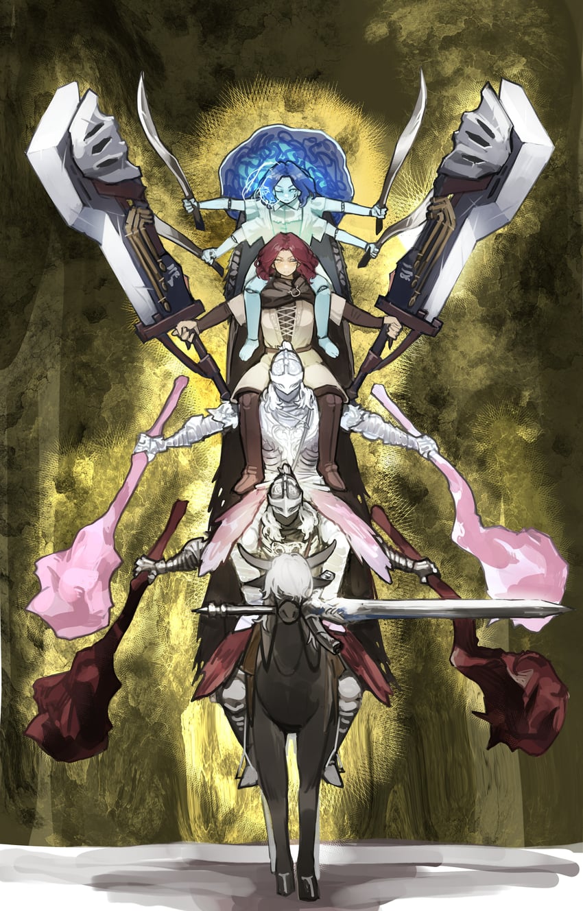 ranni the witch, tarnished, melina, torrent, and mimic tear (monster hunter and 4 more) drawn by miao_jiangyou