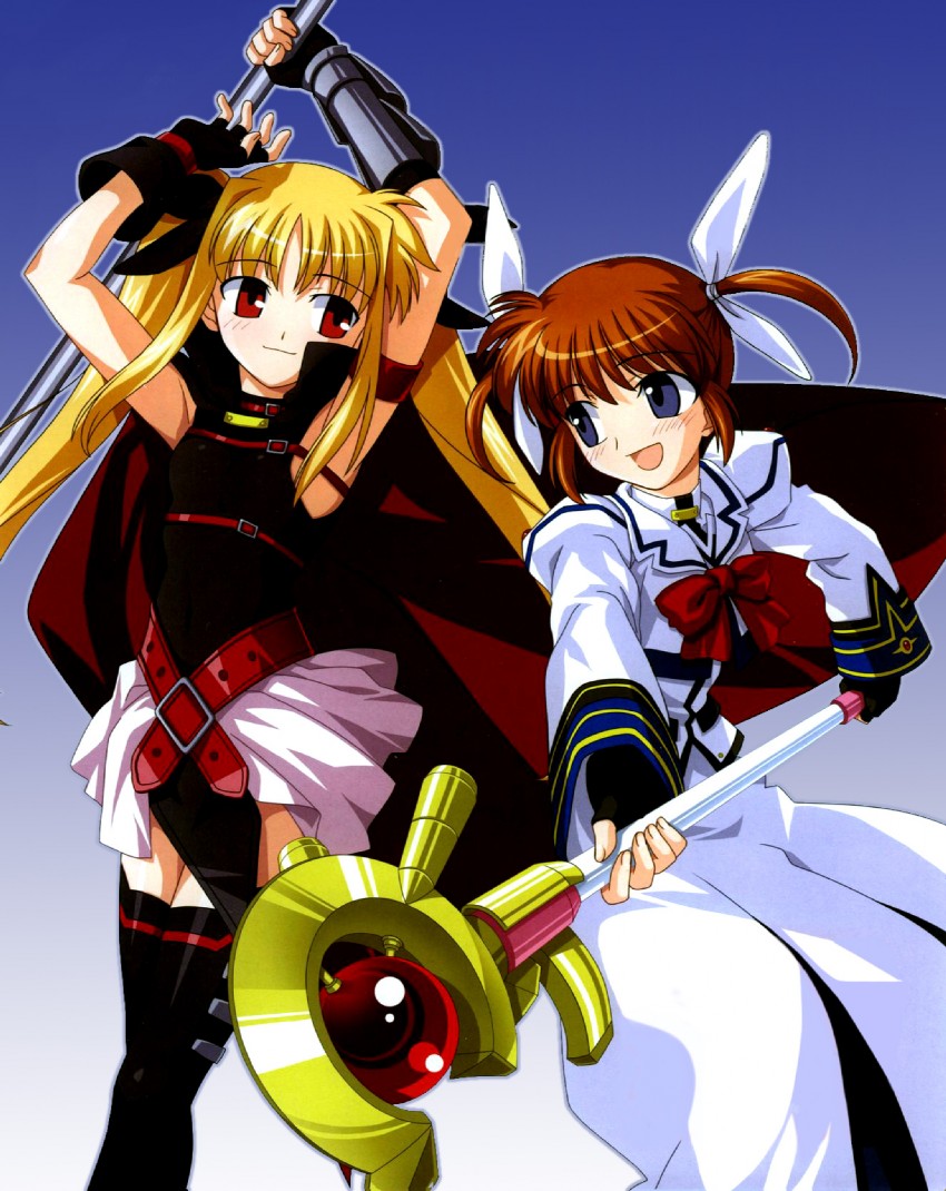 fate testarossa, takamachi nanoha, raising heart, and bardiche (lyrical nanoha and 2 more) drawn by takeuchi_takashi