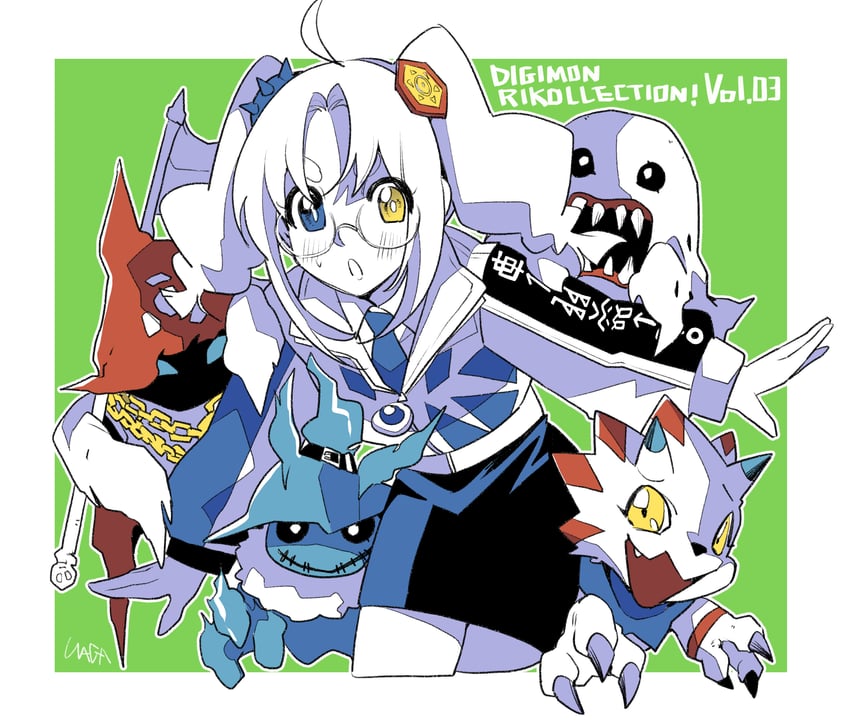 omegamon, gammamon, ghostmon, bakemon, nozomi riko, and 1 more (digimon and 1 more) drawn by ookutsuwa_waga