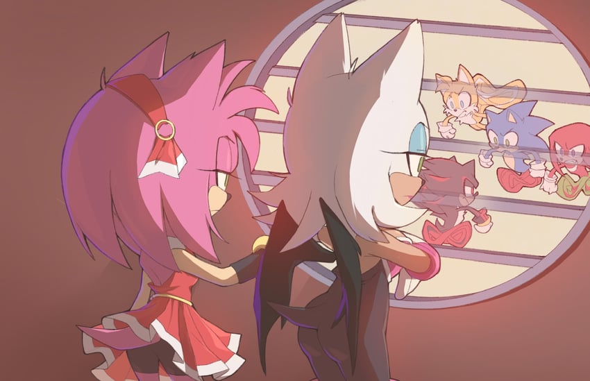 sonic the hedgehog, shadow the hedgehog, amy rose, rouge the bat, tails, and 2 more (spongebob squarepants and 2 more) drawn by evilshadix