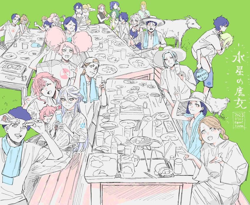 suletta mercury, miorine rembran, secelia dote, guel jeturk, elan ceres, and 21 more (gundam and 1 more) drawn by yuri_kyanon