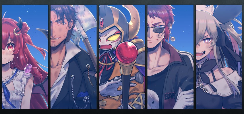 yuzuki roa, belmond banderas, tenkai tsukasa, hijirime laeria, and akkun daimaou (nijisanji and 2 more) drawn by imozonokan