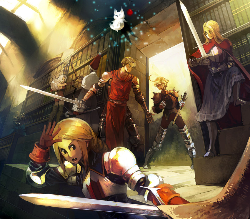 moogle, agrias oaks, ramza beoulve, time mage, knight, and 4 more (final fantasy and 1 more) drawn by tanokura_mon