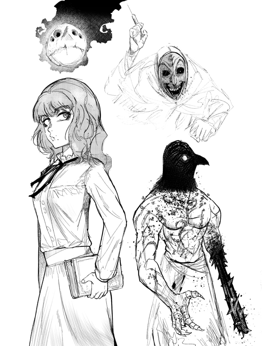 marina, rher, needles, and crow mauler (fear & hunger and 1 more) drawn by sen_(sus_pain)