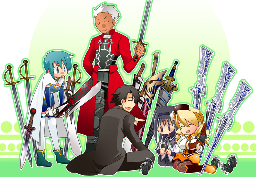 akemi homura, miki sayaka, tomoe mami, archer, emiya kiritsugu, and 1 more (fate and 3 more) drawn by akariya_kuubu