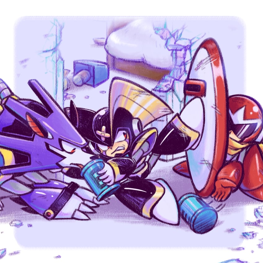 proto man, bass, and treble (mega man) drawn by laser-lance