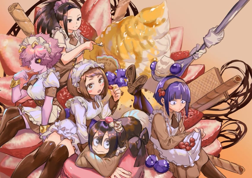 uraraka ochaco, asui tsuyu, yaoyorozu momo, ashido mina, jiro kyoka, and 1 more (boku no hero academia) drawn by akiyama_youkou