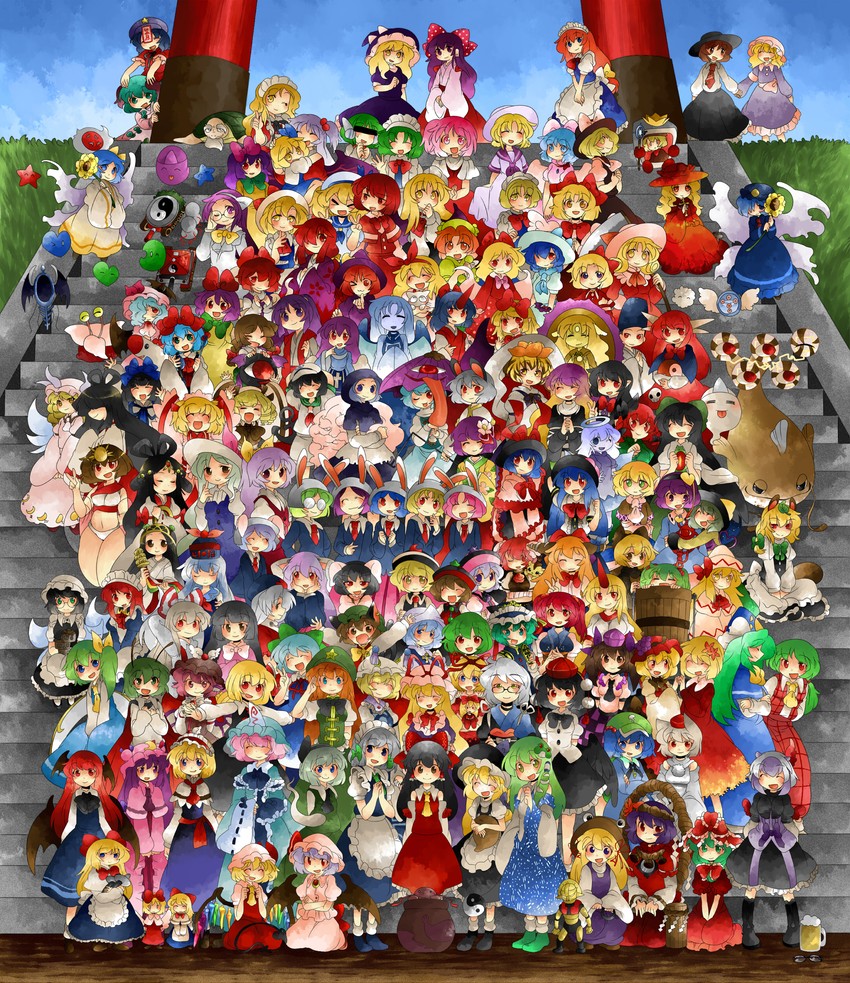hakurei reimu, kirisame marisa, remilia scarlet, flandre scarlet, izayoi sakuya, and 131 more (touhou and 2 more) drawn by hammer_(sunset_beach)