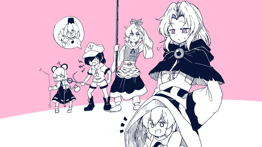 nazrin, mononobe no futo, toramaru shou, murasa minamitsu, and kumoi ichirin (touhou) drawn by gurajio