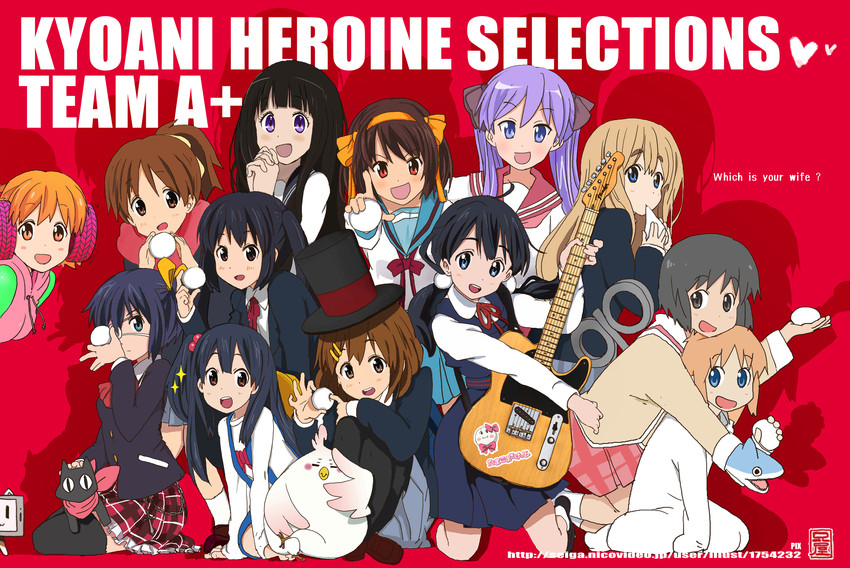 suzumiya haruhi, nakano azusa, hirasawa yui, hiiragi kagami, kotobuki tsumugi, and 9 more (original and 9 more) drawn by ani_(aniya)