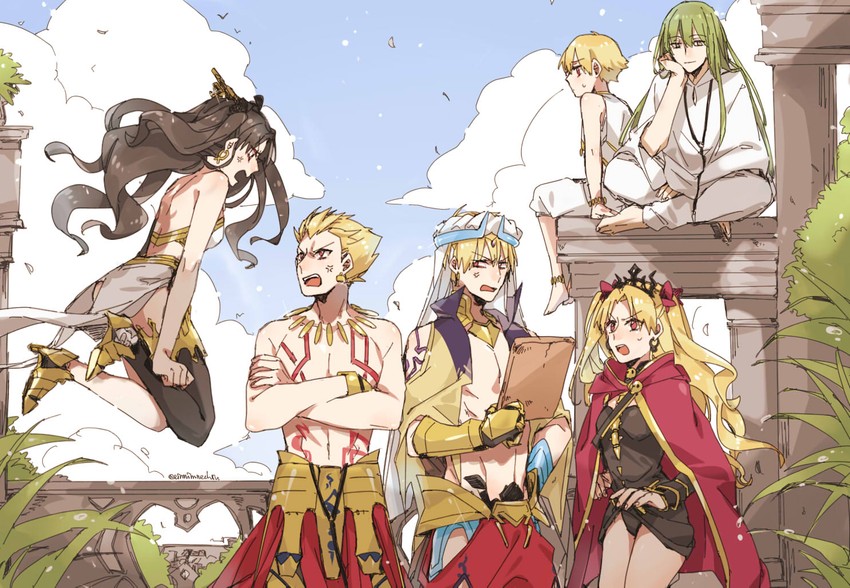 ereshkigal, ishtar, enkidu, gilgamesh, and child gilgamesh (fate and 1 more) drawn by 88_(einnimnech)