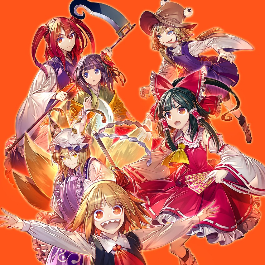 hakurei reimu, yakumo ran, rumia, moriya suwako, onozuka komachi, and 1 more (touhou) drawn by zounose