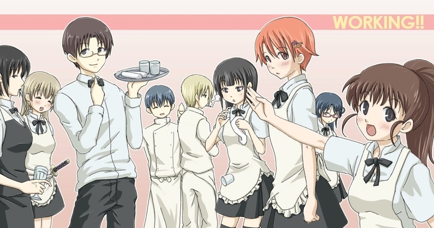 taneshima popura, inami mahiru, yamada aoi, todoroki yachiyo, satou jun, and 4 more (working!!) drawn by kiikii_(kitsukedokoro)