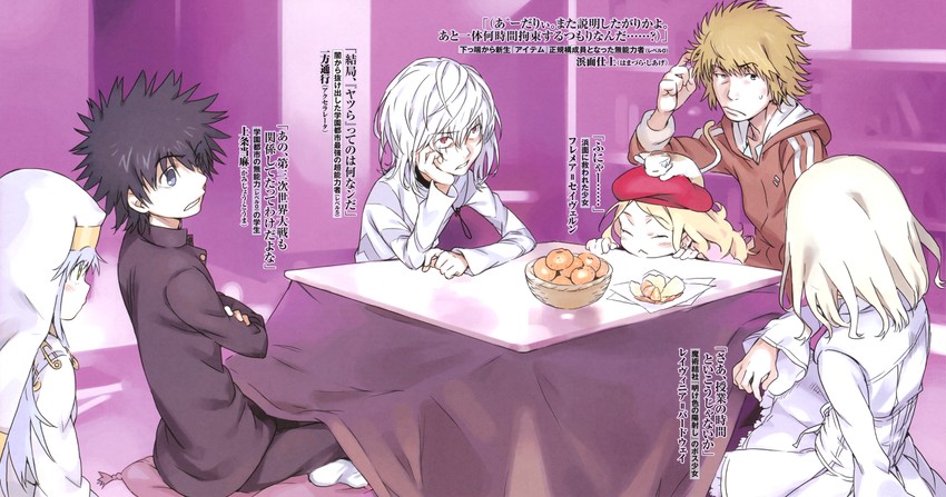 kamijou touma, accelerator, index, hamazura shiage, sphinx, and 2 more (toaru majutsu no index and 1 more) drawn by haimura_kiyotaka