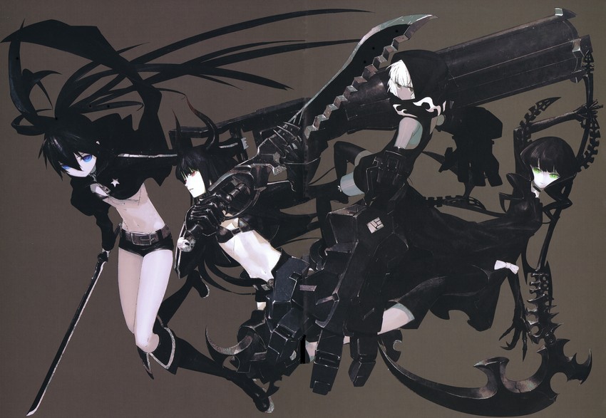 black rock shooter, dead master, strength, and black gold saw (black rock shooter) drawn by huke