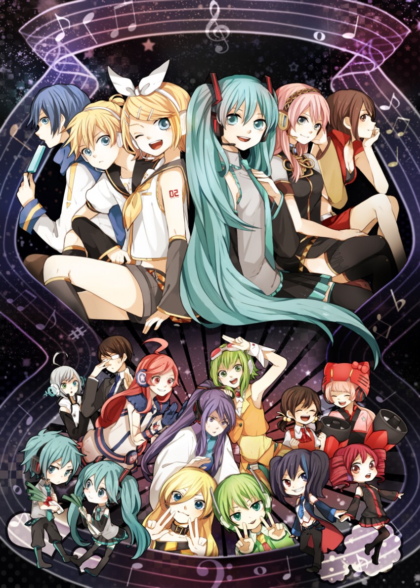 hatsune miku, kagamine rin, kagamine len, megurine luka, kasane teto, and 13 more (vocaloid and 3 more) drawn by tama_(songe)