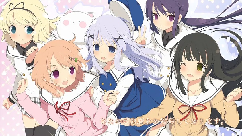 kafuu chino, hoto cocoa, kirima syaro, tippy, tedeza rize, and 1 more (gochuumon wa usagi desu ka?) drawn by yaegashi_nan