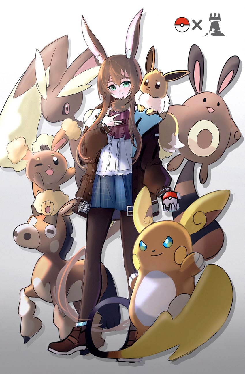 amiya, eevee, lopunny, buneary, alolan raichu, and 2 more (pokemon and 1 more) drawn by furude_hi