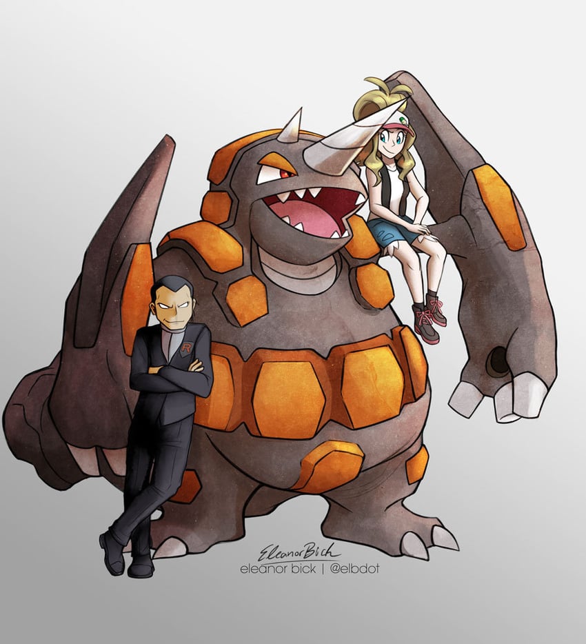 hilda, giovanni, and rhyperior (pokemon and 2 more) drawn by eleanor_bick