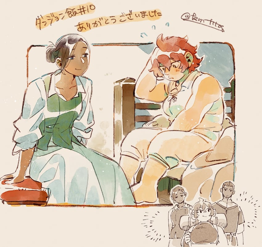 namari, kiki floke, and kaka floke (dungeon meshi) drawn by kmttta