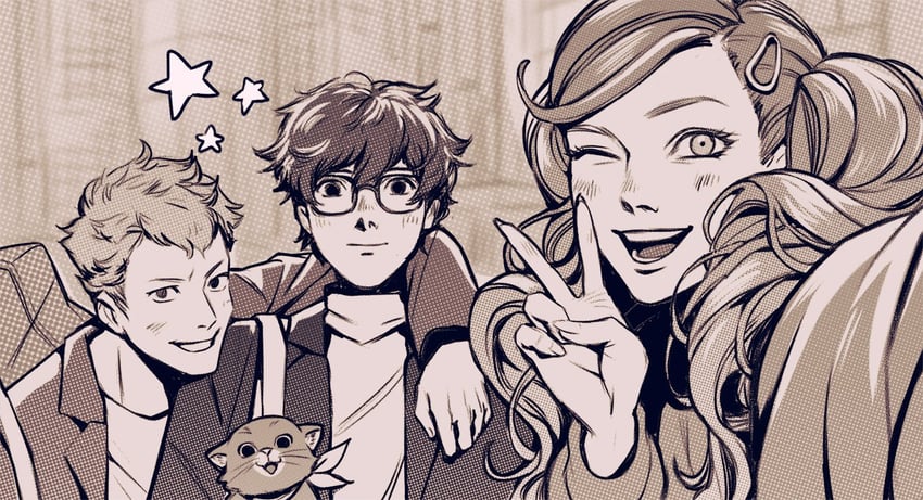 amamiya ren, takamaki anne, sakamoto ryuuji, and morgana (persona and 1 more) drawn by frkdlsch_draws