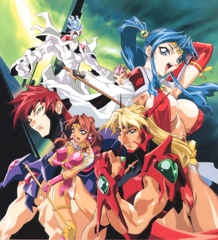 hishizaki shaia, son karin, kaiza isato, gowcaizer, shigure kyousuke, and 5 more (choujin gakuen gowcaizer) drawn by oobari_masami