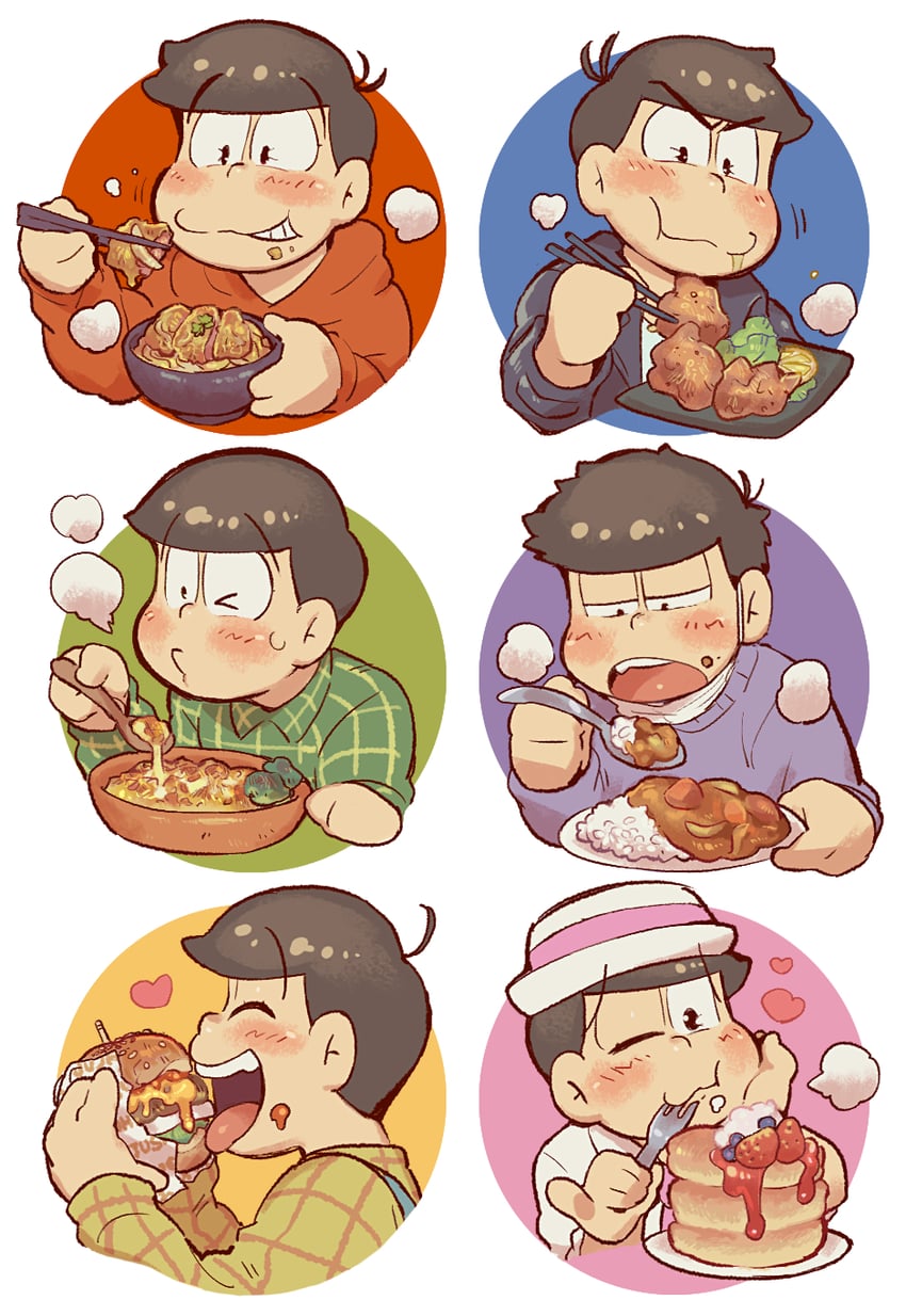 matsuno osomatsu, matsuno karamatsu, matsuno ichimatsu, matsuno jyushimatsu, matsuno choromatsu, and 1 more (osomatsu and 1 more) drawn by sanjiro_(tenshin_anman)