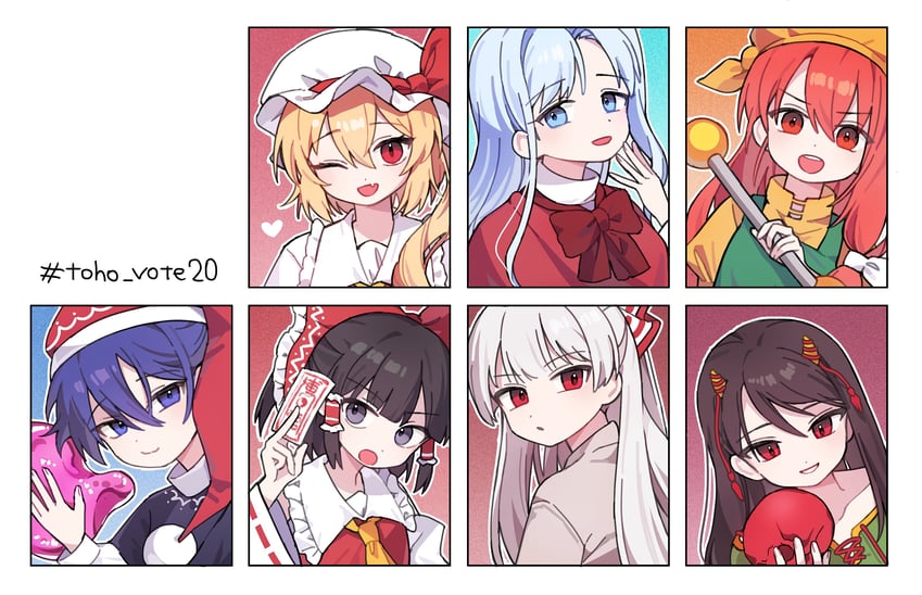 hakurei reimu, flandre scarlet, fujiwara no mokou, doremy sweet, shinki, and 2 more (touhou) drawn by soooooook2