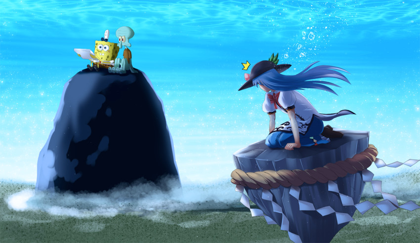 hinanawi tenshi, spongebob squarepants, and squidward tentacles (touhou and 1 more) drawn by hadant