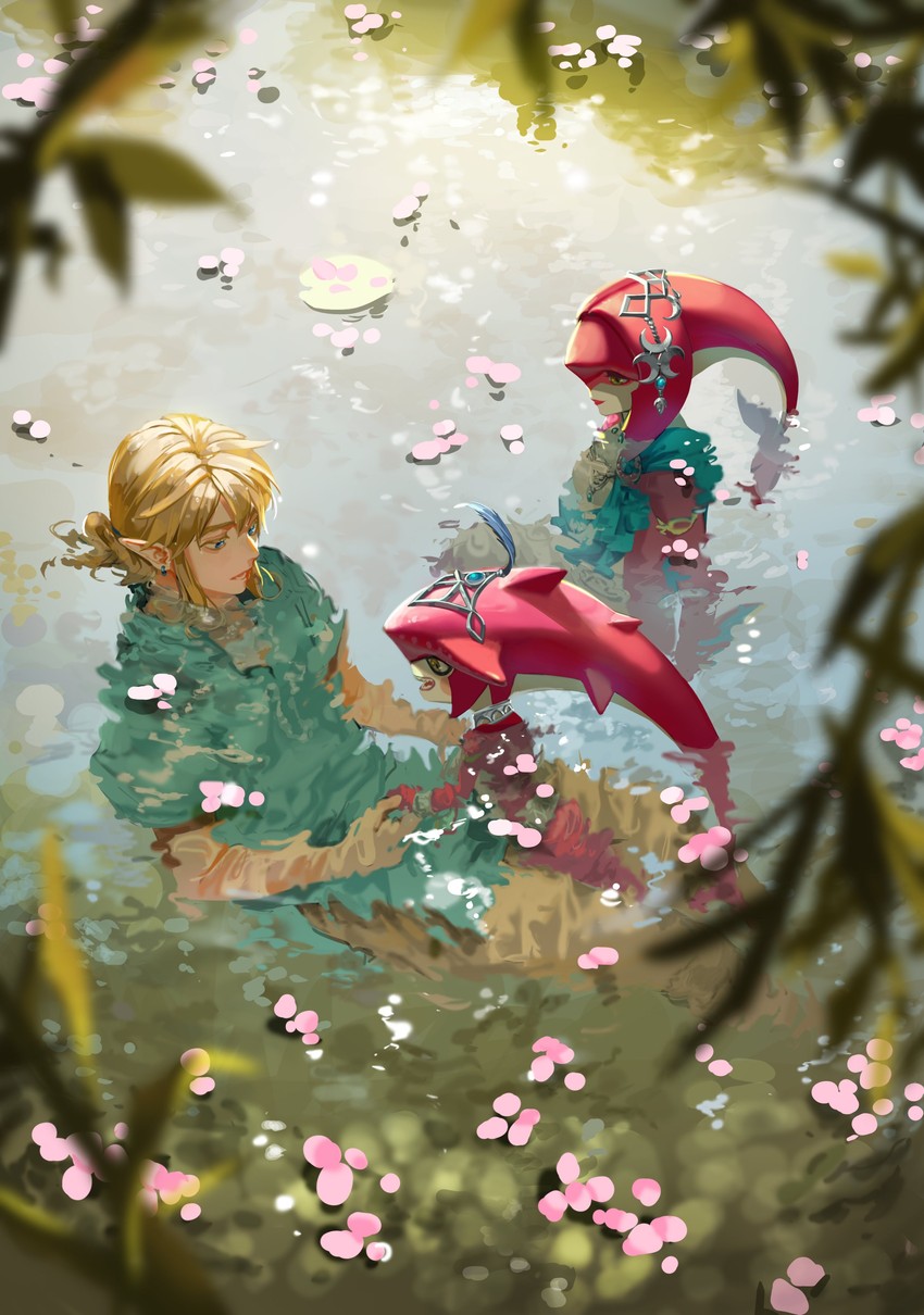 link, mipha, and sidon (the legend of zelda and 1 more) drawn by tehwi