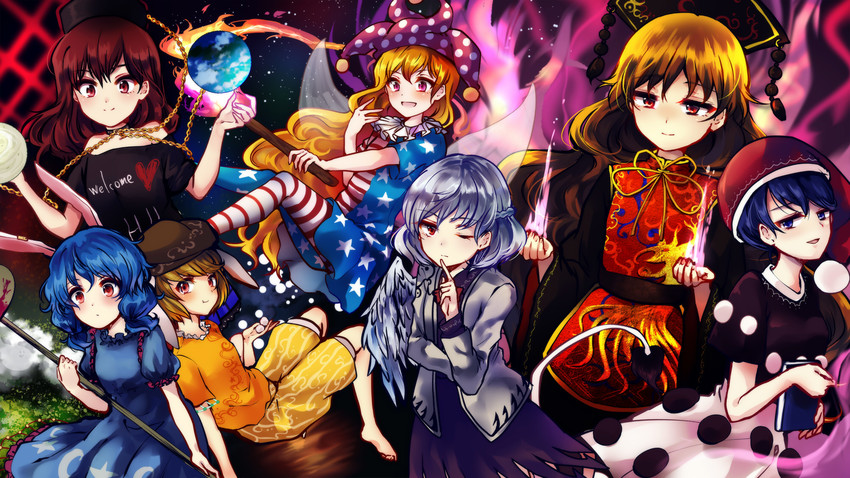 clownpiece, junko, hecatia lapislazuli, kishin sagume, doremy sweet, and 2 more (touhou and 1 more) drawn by uranaishi_(miraura)